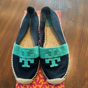 Tory Burch Weston Flat Espadrille. Navy blue/Turquoise. Size 8.